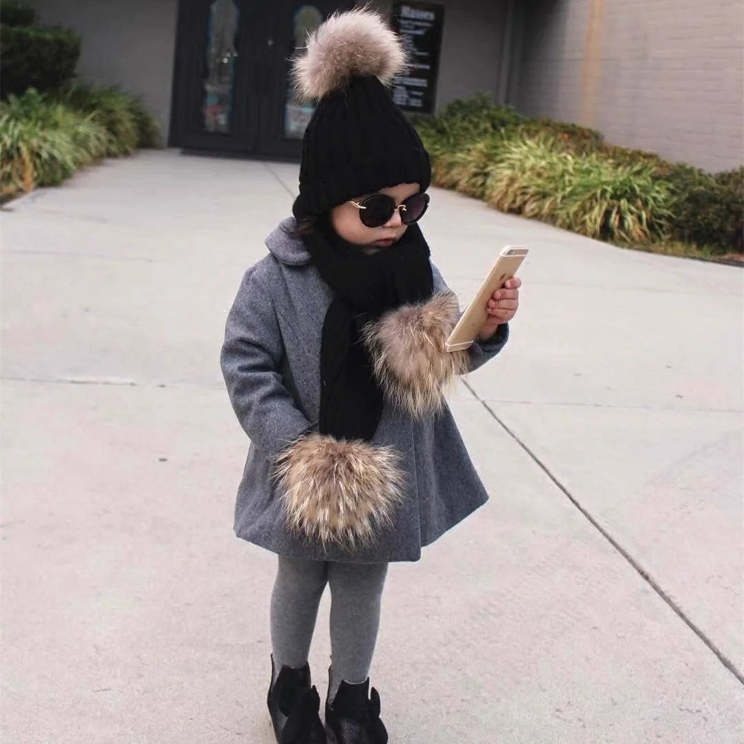 Parent-Child Winter hats Cute Baby fur Pompon Hat Scarf Sets Real Natural Fur Ball Caps Mother Kids Warm Knitted Hats Winter Bea