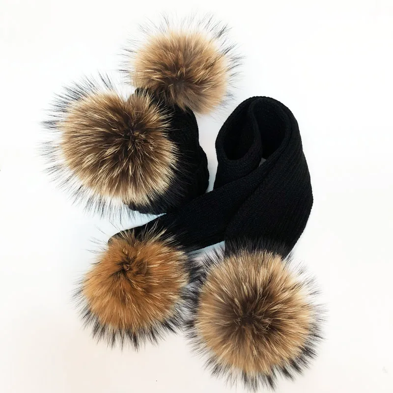 Parent-Child Winter hats Cute Baby fur Pompon Hat Scarf Sets Real Natural Fur Ball Caps Mother Kids Warm Knitted Hats Winter Bea