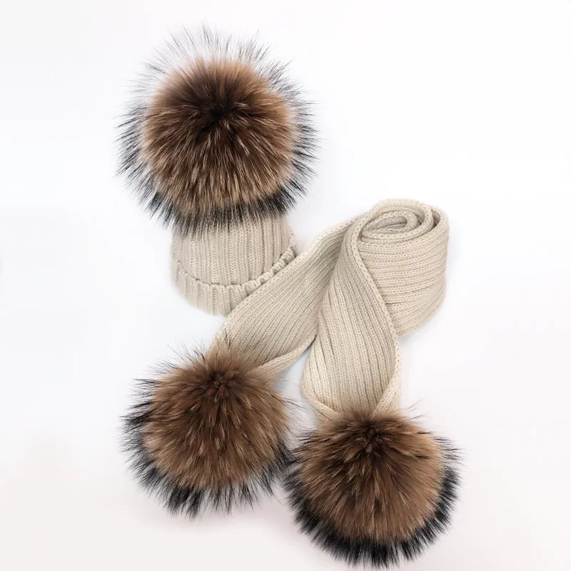 Parent-Child Winter hats Cute Baby fur Pompon Hat Scarf Sets Real Natural Fur Ball Caps Mother Kids Warm Knitted Hats Winter Bea