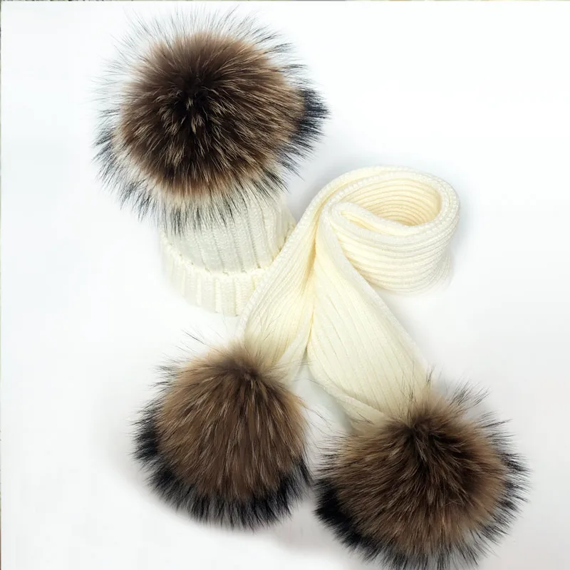 Parent-Child Winter hats Cute Baby fur Pompon Hat Scarf Sets Real Natural Fur Ball Caps Mother Kids Warm Knitted Hats Winter Bea