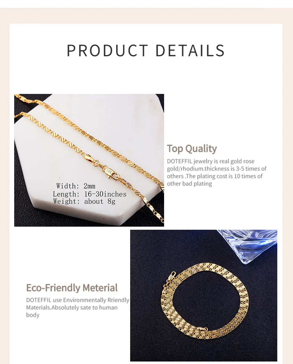 DOTEFFIL 925 Sterling Silver 16/18/20/22/24/26/28/30 Inch 2mm Gold Charm Chain Necklace For Women Man Wedding Fashion Jewelry
