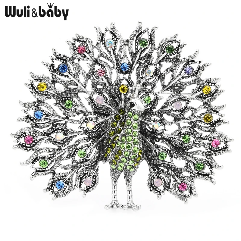 Wuli&baby Mulitcolor Big Sparkling Peacock Brooches Pins For Women Jewelry Gift 4 Colors Badge Scarf Buckle