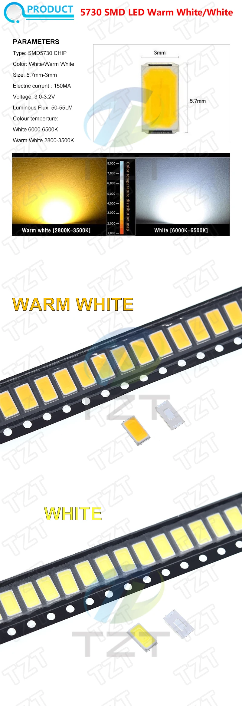 100/200pcs 5630/5730-CW/WW 0.5W-150Ma 50-55lm 6500K White Light SMD 5730 5630 LED 5730 diodes (3.2~3.4V)