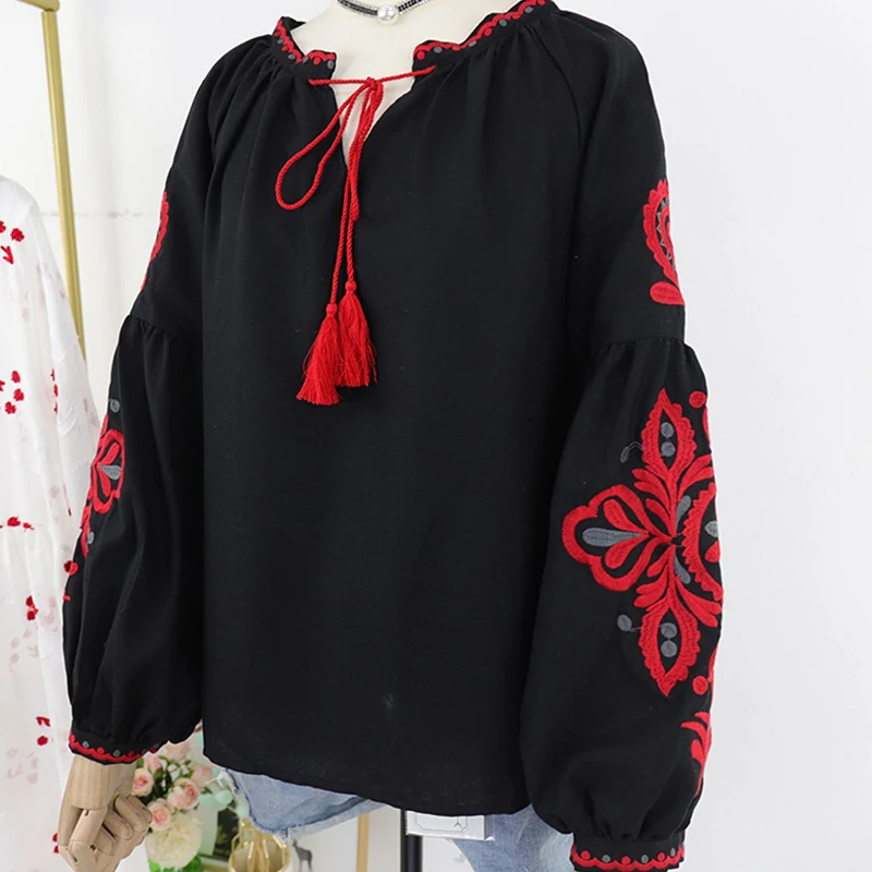 Women's Retro Blouse National Style Embroidered Lace-Up Tassel V-Neck Lantern Sleeve Tops Loose All-Match Female Blusa PL536