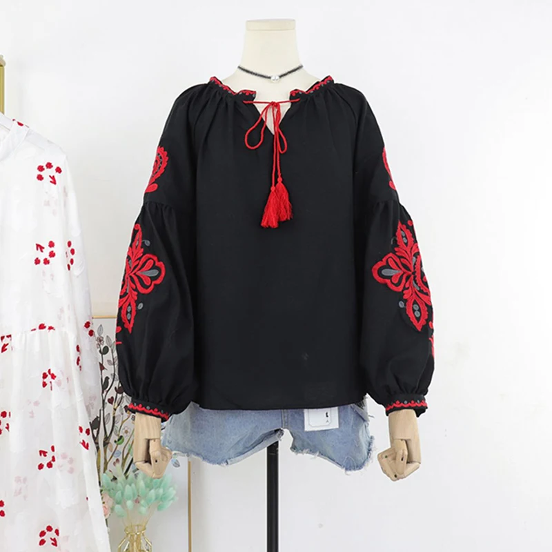 Women's Retro Blouse National Style Embroidered Lace-Up Tassel V-Neck Lantern Sleeve Tops Loose All-Match Female Blusa PL536
