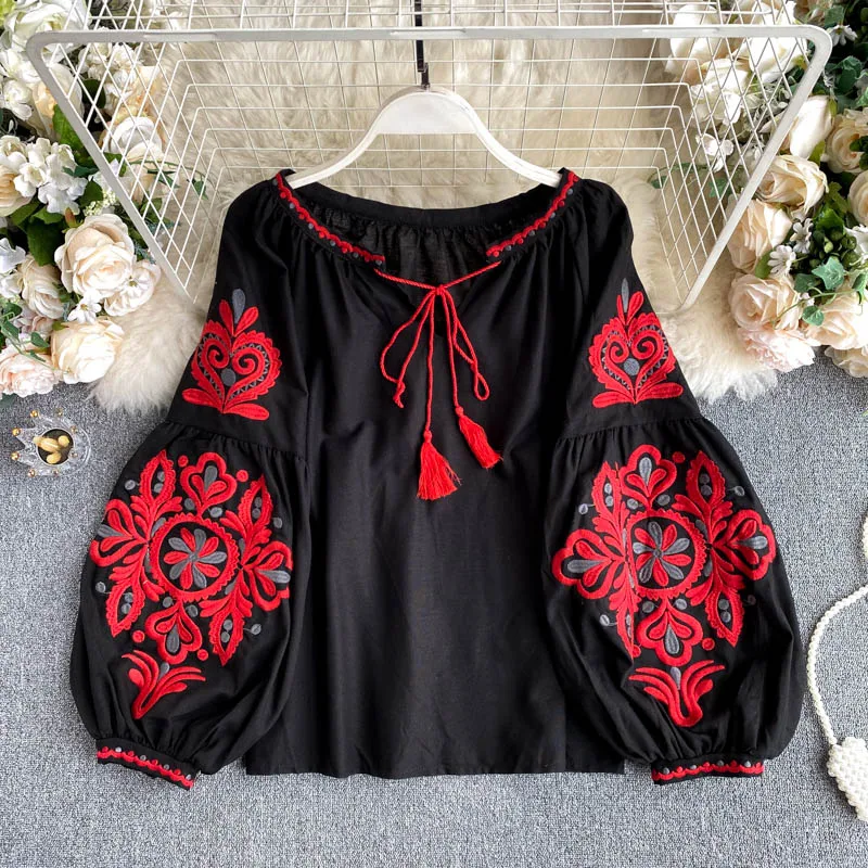 Women's Retro Blouse National Style Embroidered Lace-Up Tassel V-Neck Lantern Sleeve Tops Loose All-Match Female Blusa PL536