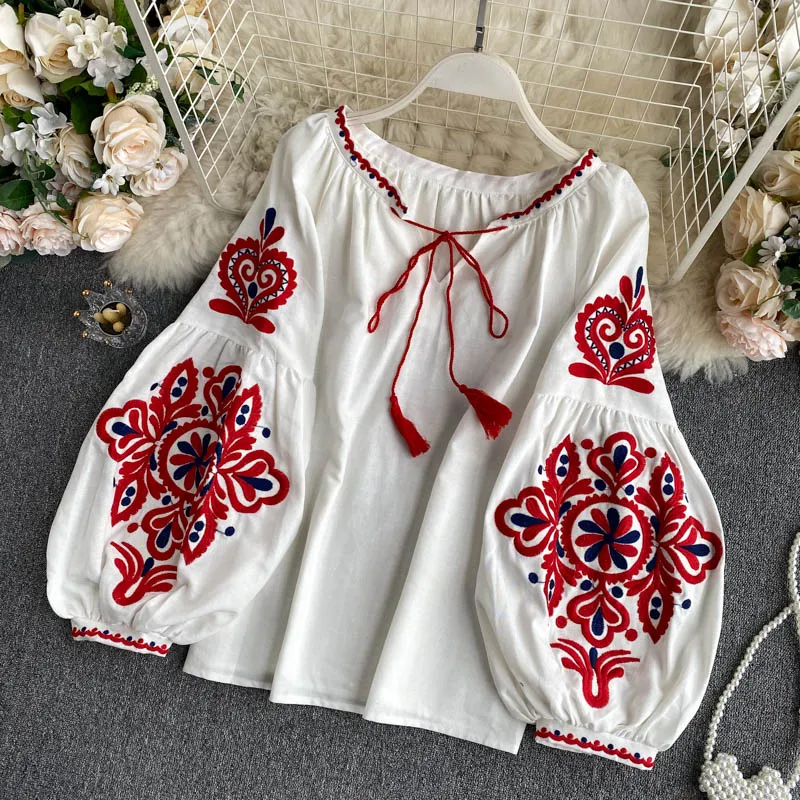 Women's Retro Blouse National Style Embroidered Lace-Up Tassel V-Neck Lantern Sleeve Tops Loose All-Match Female Blusa PL536