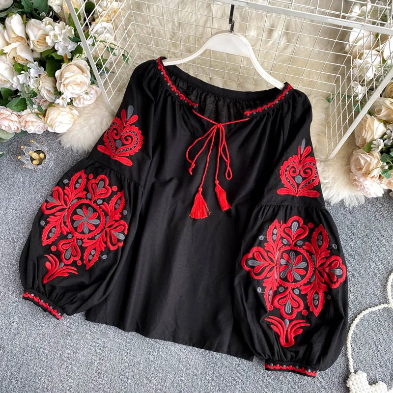 Women's Retro Blouse National Style Embroidered Lace-Up Tassel V-Neck Lantern Sleeve Tops Loose All-Match Female Blusa PL536