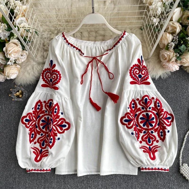 Women's Retro Blouse National Style Embroidered Lace-Up Tassel V-Neck Lantern Sleeve Tops Loose All-Match Female Blusa PL536