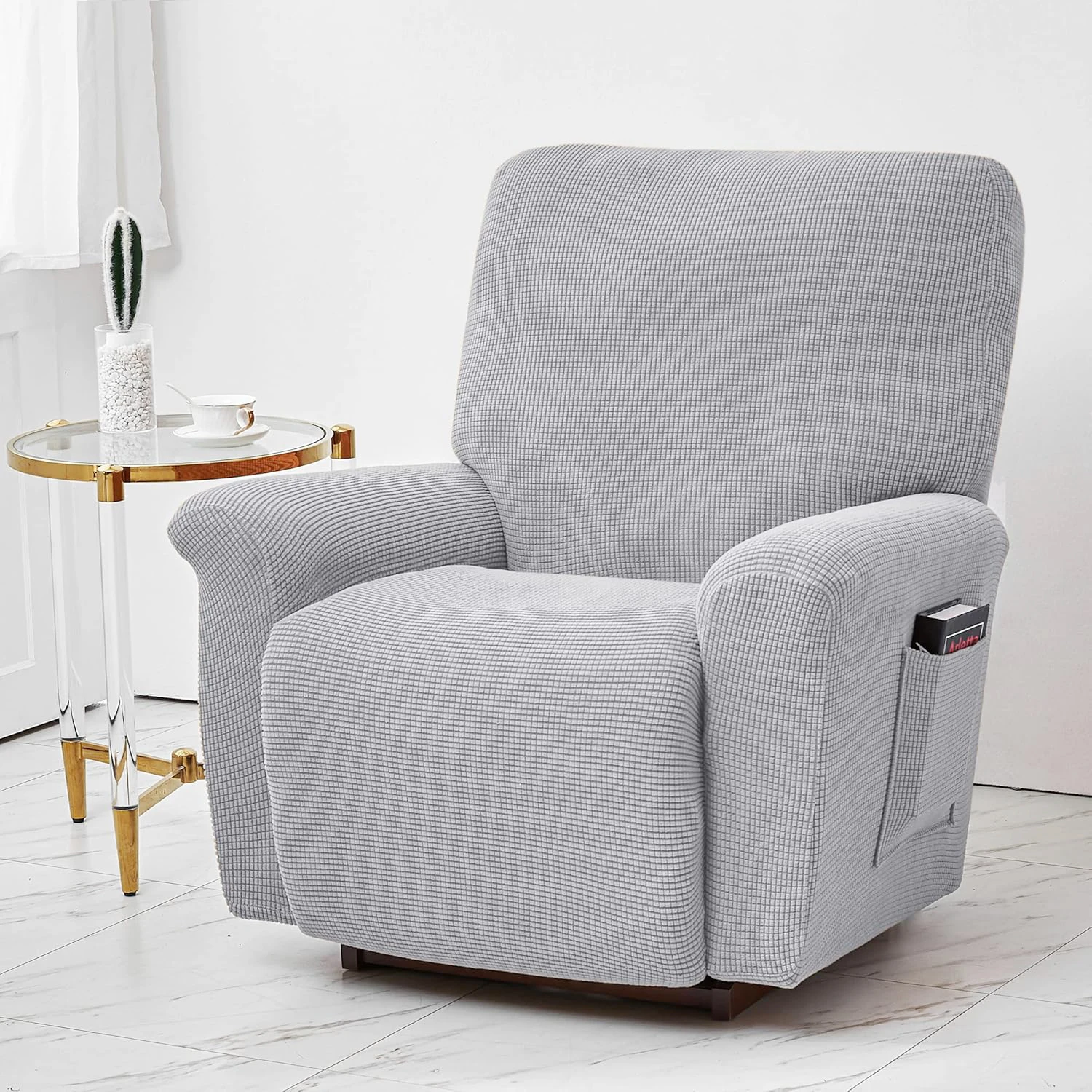 Battilo Waterproof Recliner Chair Cover Elastic Plush Lazy Sofa Cover Massage Chair Covers with Pocket Stretch Plaid Slipcover