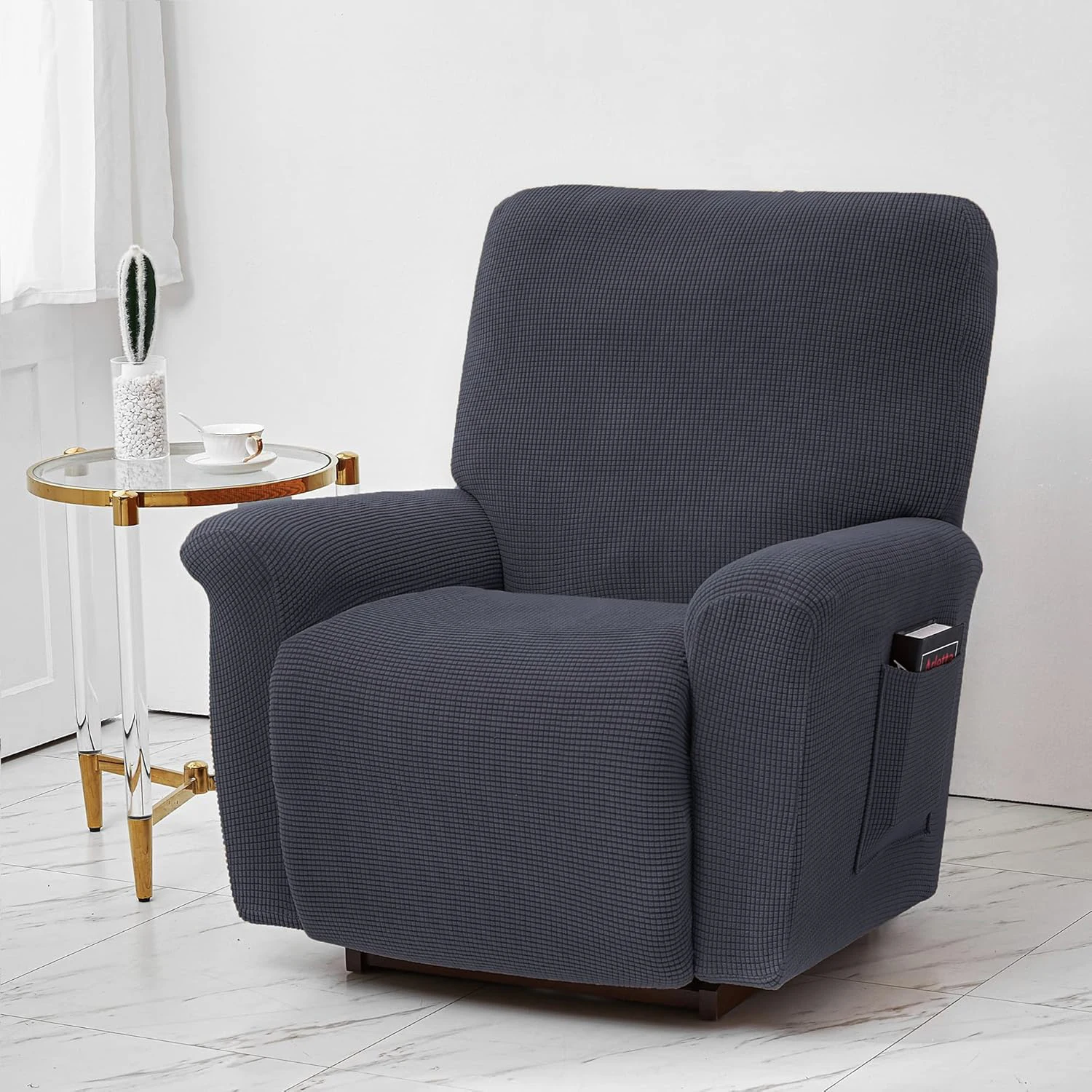 Battilo Waterproof Recliner Chair Cover Elastic Plush Lazy Sofa Cover Massage Chair Covers with Pocket Stretch Plaid Slipcover