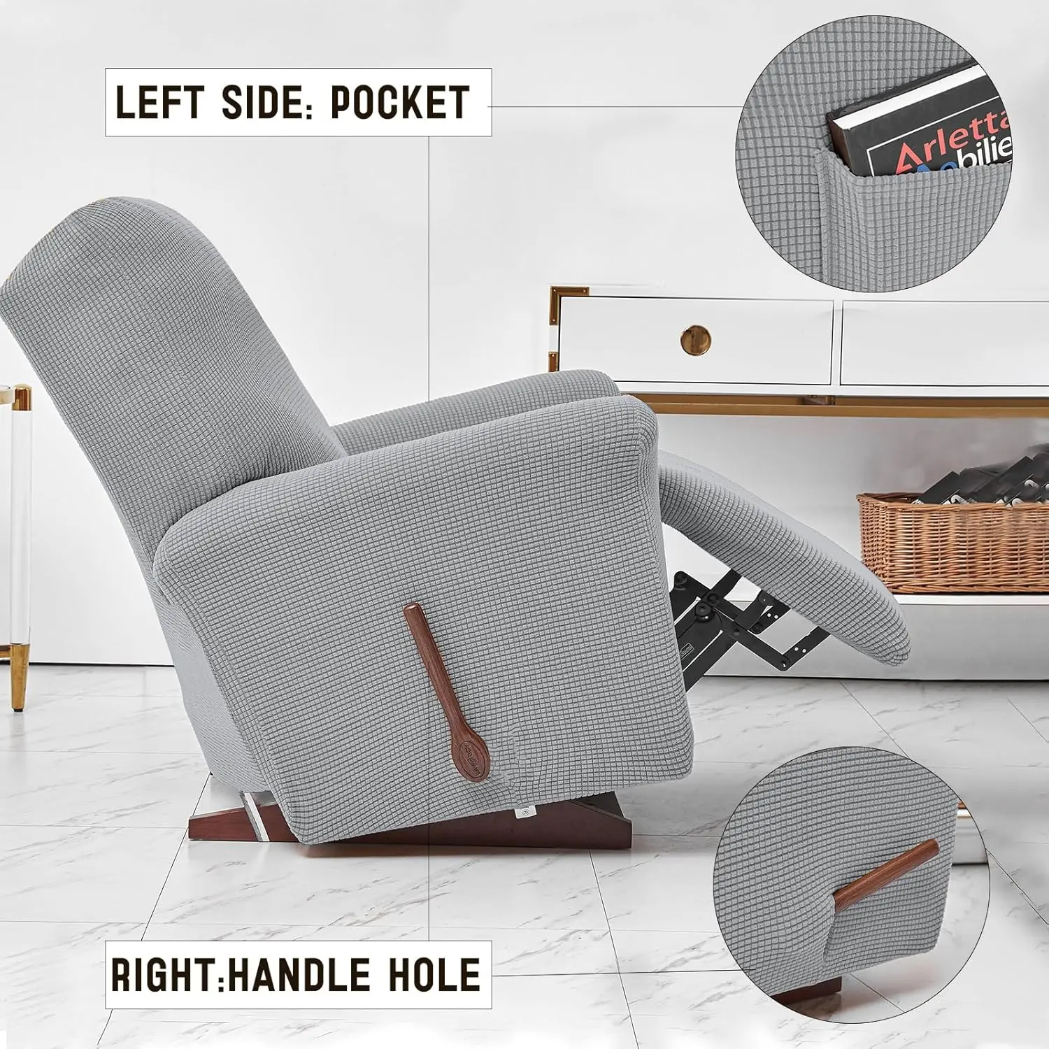 Battilo Waterproof Recliner Chair Cover Elastic Plush Lazy Sofa Cover Massage Chair Covers with Pocket Stretch Plaid Slipcover