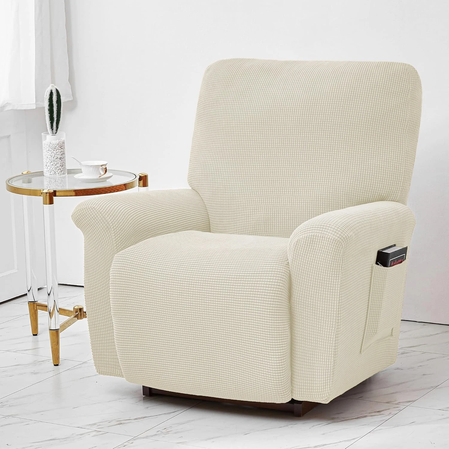 Battilo Waterproof Recliner Chair Cover Elastic Plush Lazy Sofa Cover Massage Chair Covers with Pocket Stretch Plaid Slipcover