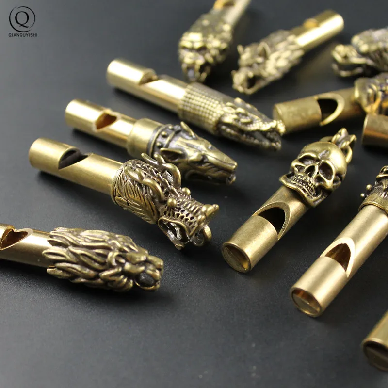 Pure Brass Outdoor Skull Whistle Keyring Hanging Jewelry Copper Training High Pitch Whistles Pendants Gifts Key Chain Ring DIY
