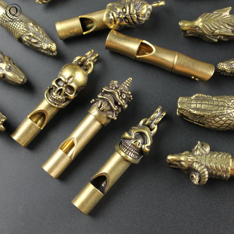 Pure Brass Outdoor Skull Whistle Keyring Hanging Jewelry Copper Training High Pitch Whistles Pendants Gifts Key Chain Ring DIY