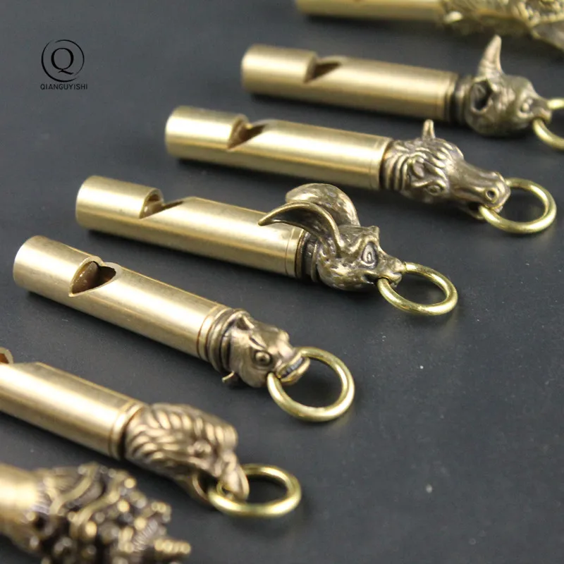 Pure Brass Outdoor Skull Whistle Keyring Hanging Jewelry Copper Training High Pitch Whistles Pendants Gifts Key Chain Ring DIY