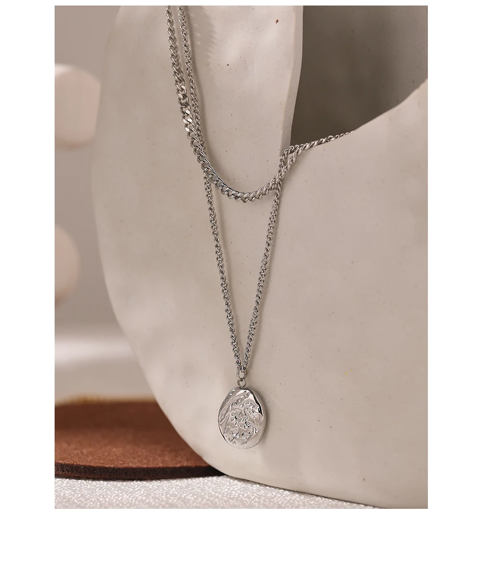 Yhpup 316L Stainless Steel Layered Necklace Women Jewelry Statement Metal Texture Geometric Pendant Bijoux Femme Waterproof