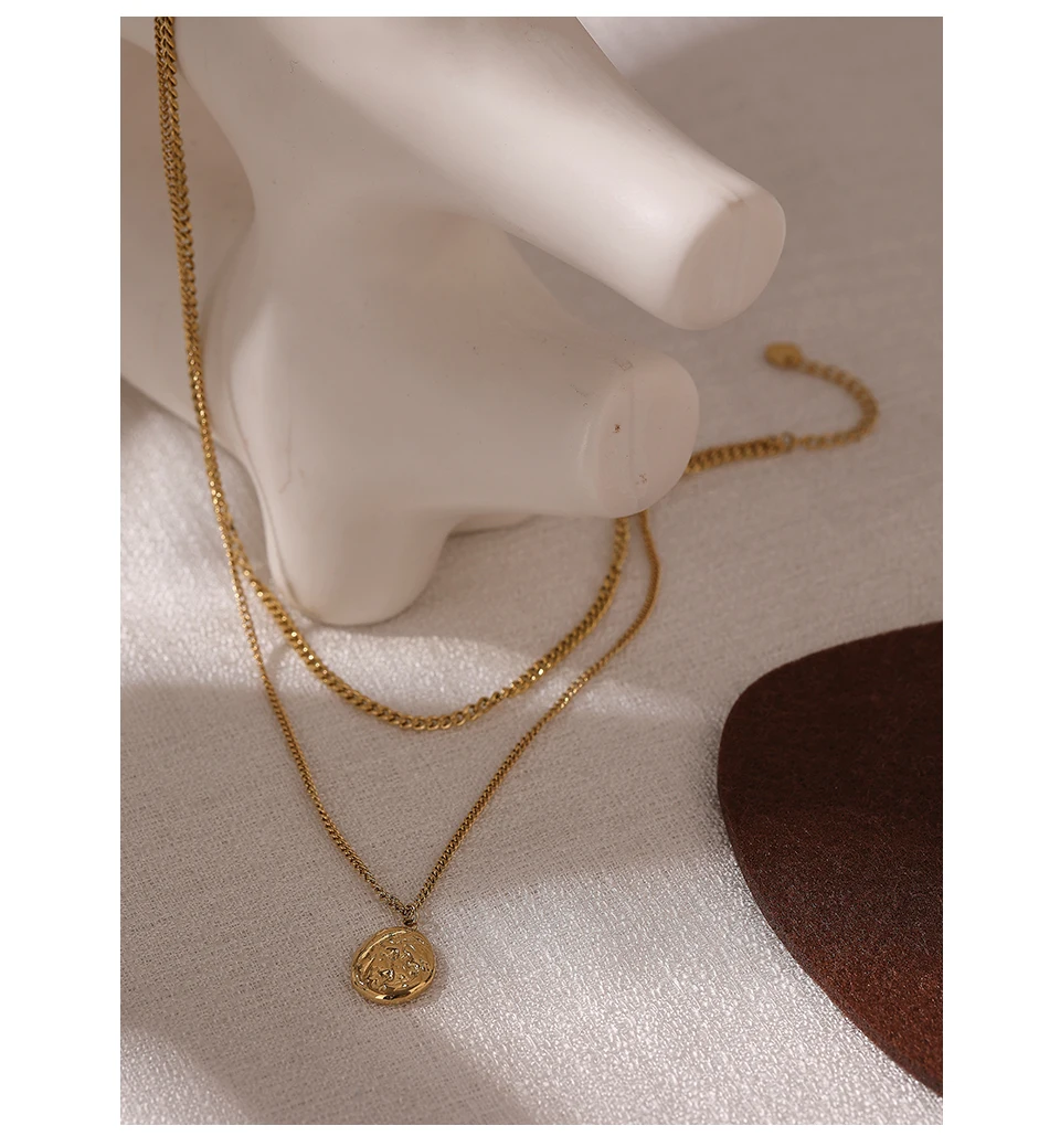 Yhpup 316L Stainless Steel Layered Necklace Women Jewelry Statement Metal Texture Geometric Pendant Bijoux Femme Waterproof