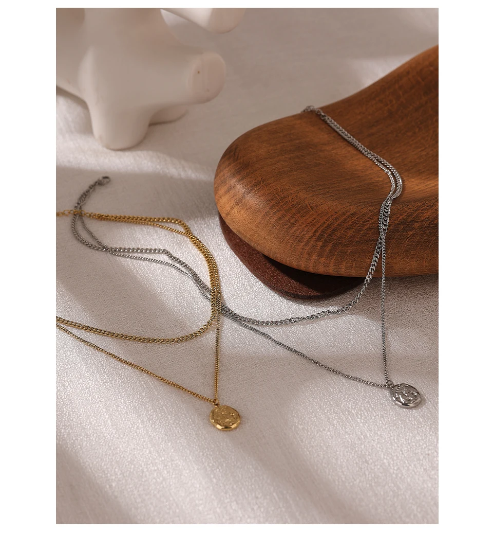 Yhpup 316L Stainless Steel Layered Necklace Women Jewelry Statement Metal Texture Geometric Pendant Bijoux Femme Waterproof