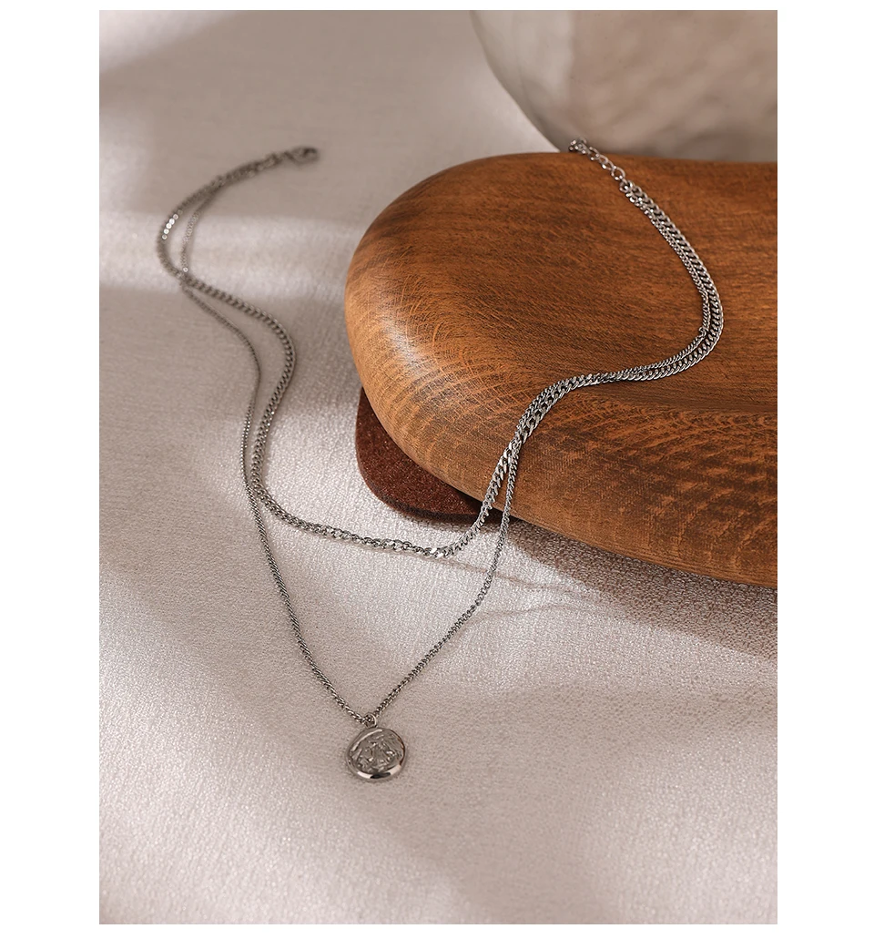 Yhpup 316L Stainless Steel Layered Necklace Women Jewelry Statement Metal Texture Geometric Pendant Bijoux Femme Waterproof