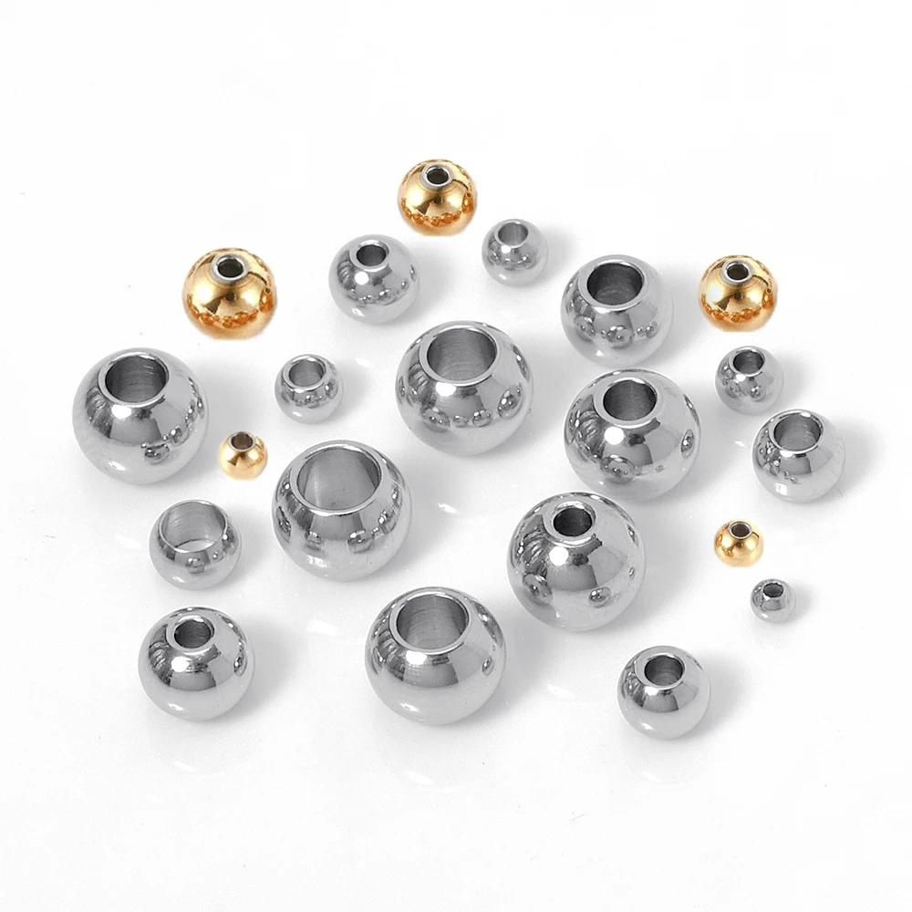 100pcs/lot Rose Gold Plated Stainless Steel Bead Metal Ball Big Hole Loose Spacer Beads for Jewelry Making Diy Beading Bracelets