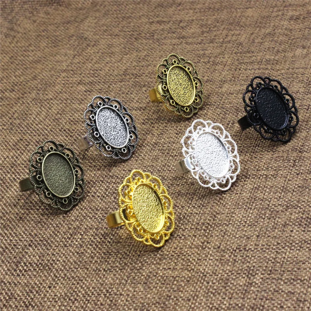Fit 13*18mm 18*25mm Oval Cabochons Ring Blank Setting Bezel Base For DIY Making Accessories Pattern Glass 10pcs K06156