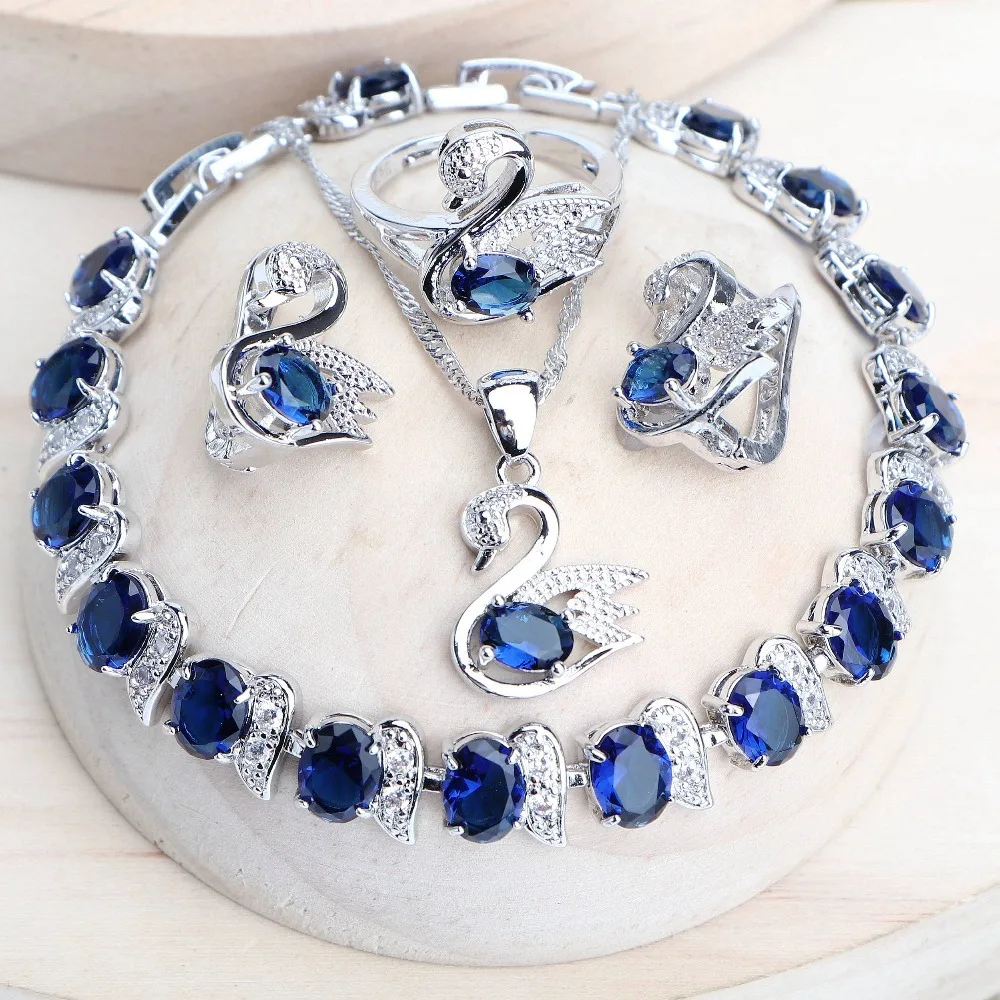 Trendy Women Bridal Jewelry Sets For 925 Sterling Silver Blue Cubic Zirconia Wedding Earrings Rings Bracelets Pendant Necklace