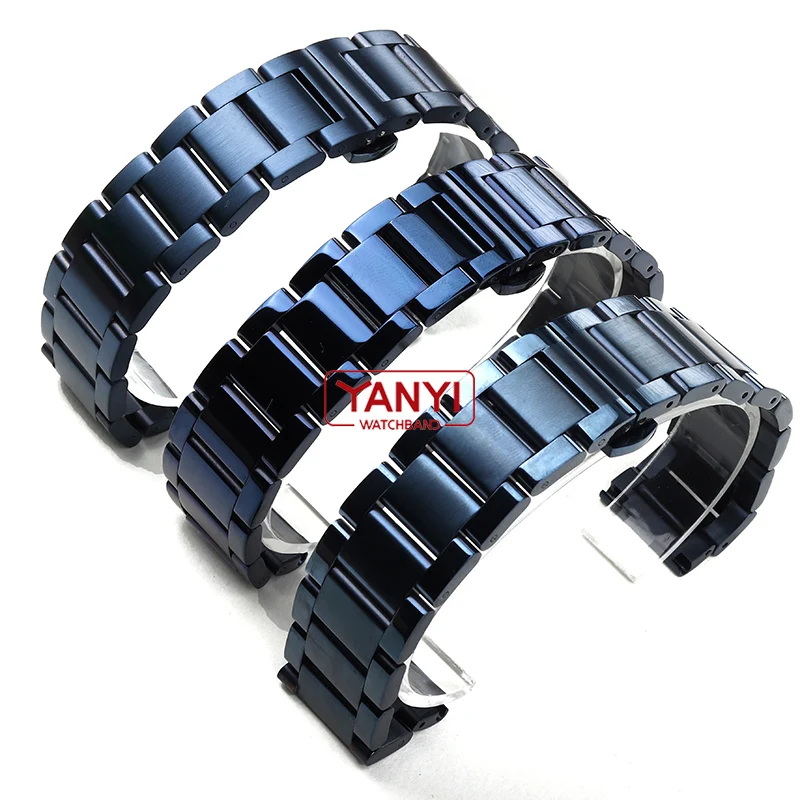 Stainless Steel Watchband Dark Blue Color Curved End Metal Wristwatches Band 18mm 19mm 20mm 21mm 22mm 23mm 24mm Watch Strap