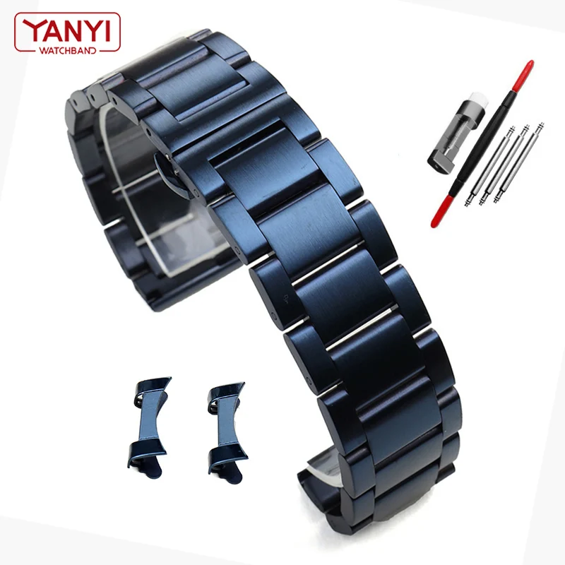 Stainless Steel Watchband Dark Blue Color Curved End Metal Wristwatches Band 18mm 19mm 20mm 21mm 22mm 23mm 24mm Watch Strap