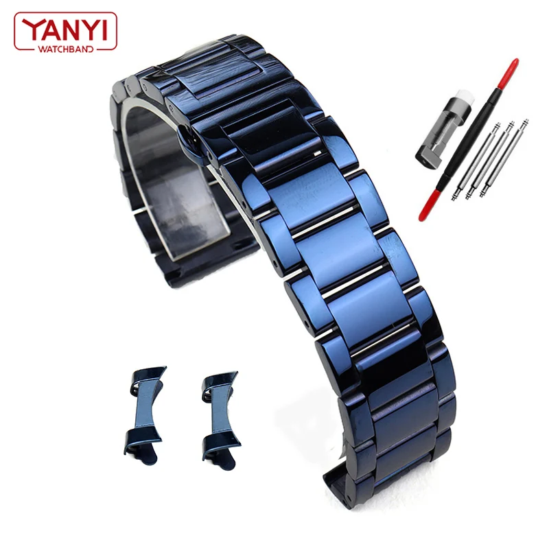Stainless Steel Watchband Dark Blue Color Curved End Metal Wristwatches Band 18mm 19mm 20mm 21mm 22mm 23mm 24mm Watch Strap