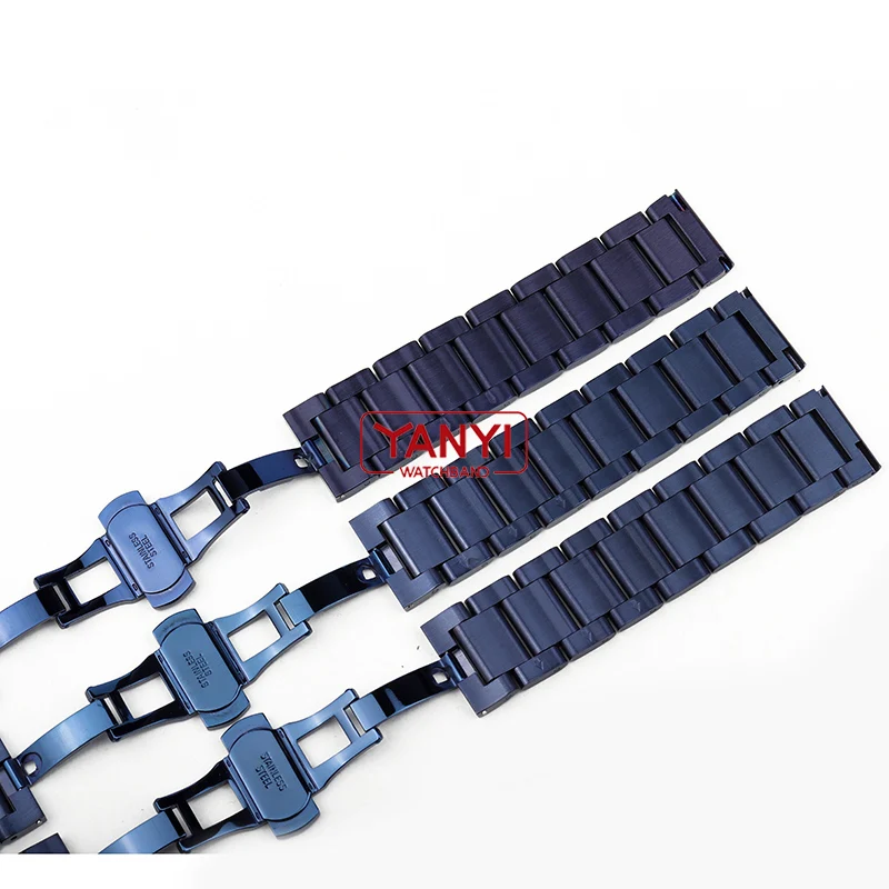 Stainless Steel Watchband Dark Blue Color Curved End Metal Wristwatches Band 18mm 19mm 20mm 21mm 22mm 23mm 24mm Watch Strap