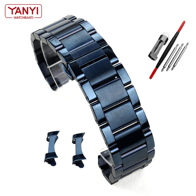 Stainless Steel Watchband Dark Blue Color Curved End Metal Wristwatches Band 18mm 19mm 20mm 21mm 22mm 23mm 24mm Watch Strap
