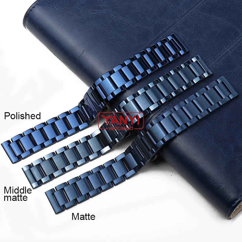 Stainless Steel Watchband Dark Blue Color Curved End Metal Wristwatches Band 18mm 19mm 20mm 21mm 22mm 23mm 24mm Watch Strap