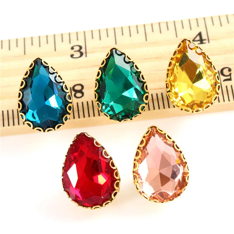New 5 Sizes Colorful Teardrop Glass Sew On Rhienstones With Golden Base Crystal For Clothing Accessories With Rhinestones