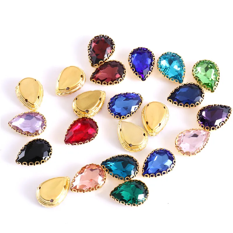New 5 Sizes Colorful Teardrop Glass Sew On Rhienstones With Golden Base Crystal For Clothing Accessories With Rhinestones
