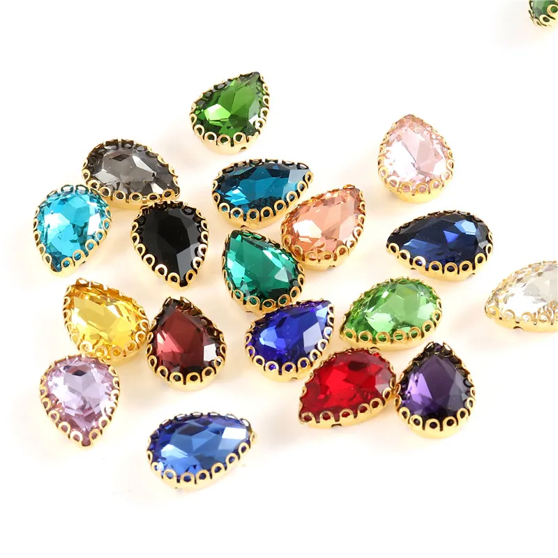 New 5 Sizes Colorful Teardrop Glass Sew On Rhienstones With Golden Base Crystal For Clothing Accessories With Rhinestones