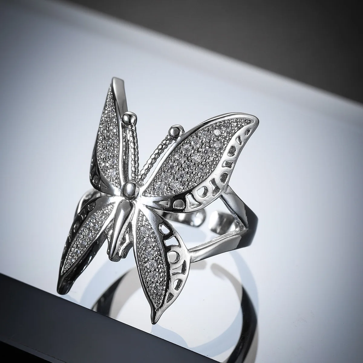 Cute Female Big Butterfly Zircon Stone 925 Sterling Silver Open Ring Simple Wedding Ring Stamp Love Engagement Sterling Ring