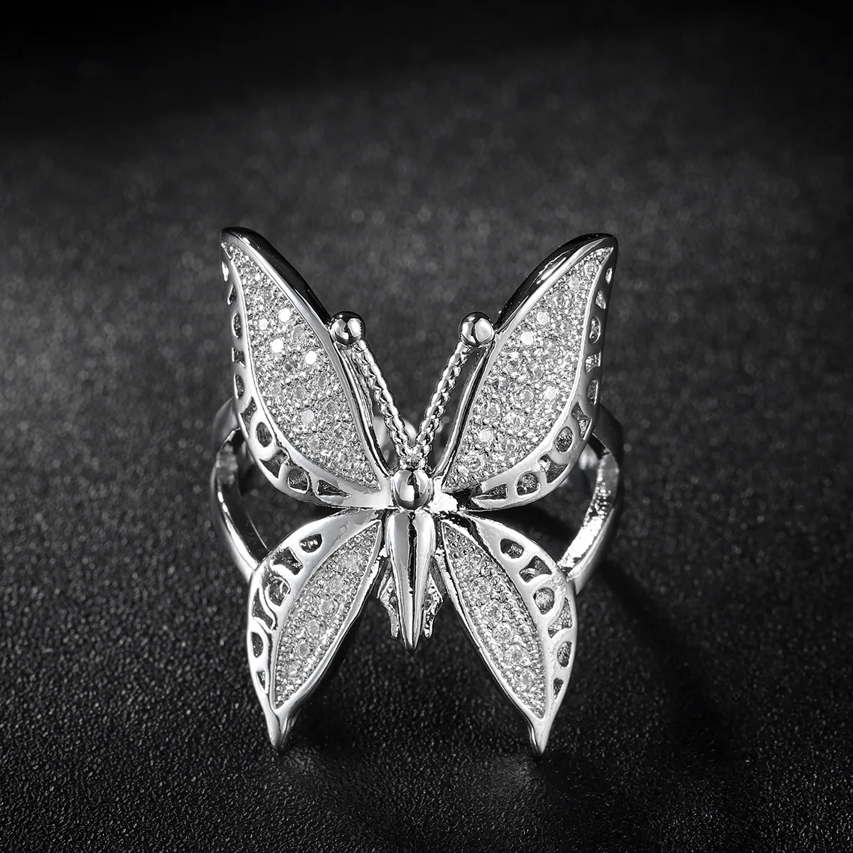 Cute Female Big Butterfly Zircon Stone 925 Sterling Silver Open Ring Simple Wedding Ring Stamp Love Engagement Sterling Ring
