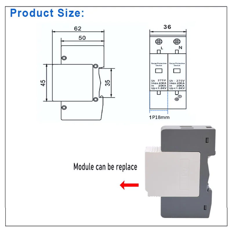 SPD AC 2P Surge Protection 20〜40KA 30KA〜60KA House Lightning Protector Low-Voltage Arrester Device 275V 385V Din Rail