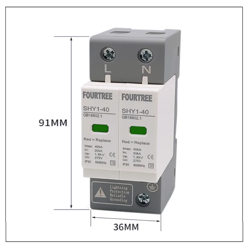 SPD AC 2P Surge Protection 20〜40KA 30KA〜60KA House Lightning Protector Low-Voltage Arrester Device 275V 385V Din Rail