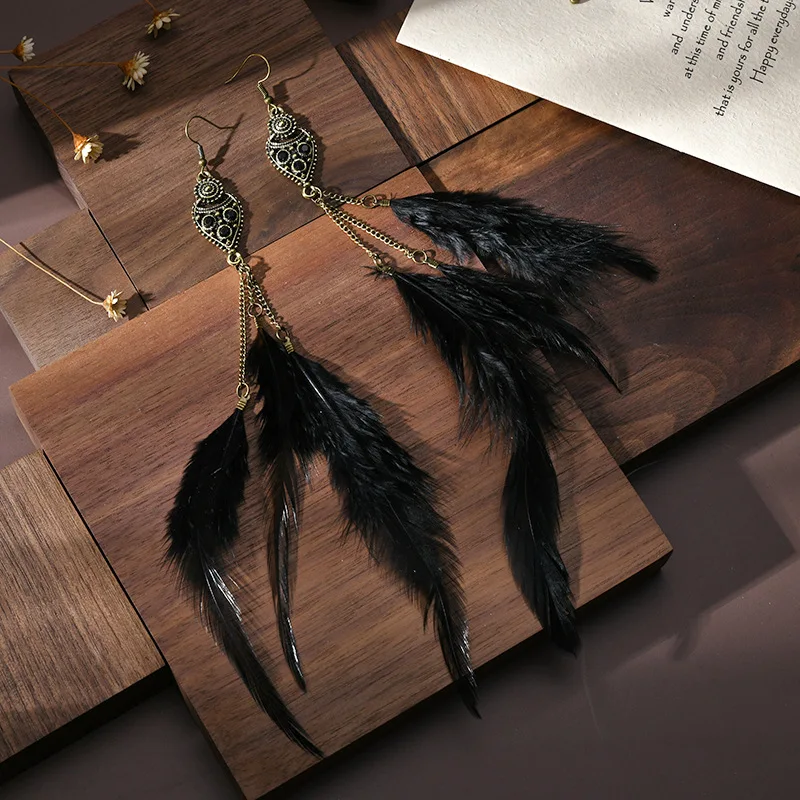 Boho Long Retro Feather Exaggerated Earrings Women Thailand Indian Drop-shaped Rhinestone Chain Tassel Earrings Wedding Jewelry