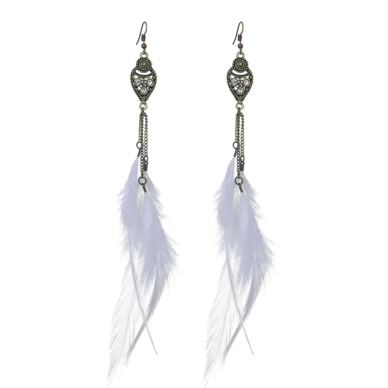 Boho Long Retro Feather Exaggerated Earrings Women Thailand Indian Drop-shaped Rhinestone Chain Tassel Earrings Wedding Jewelry