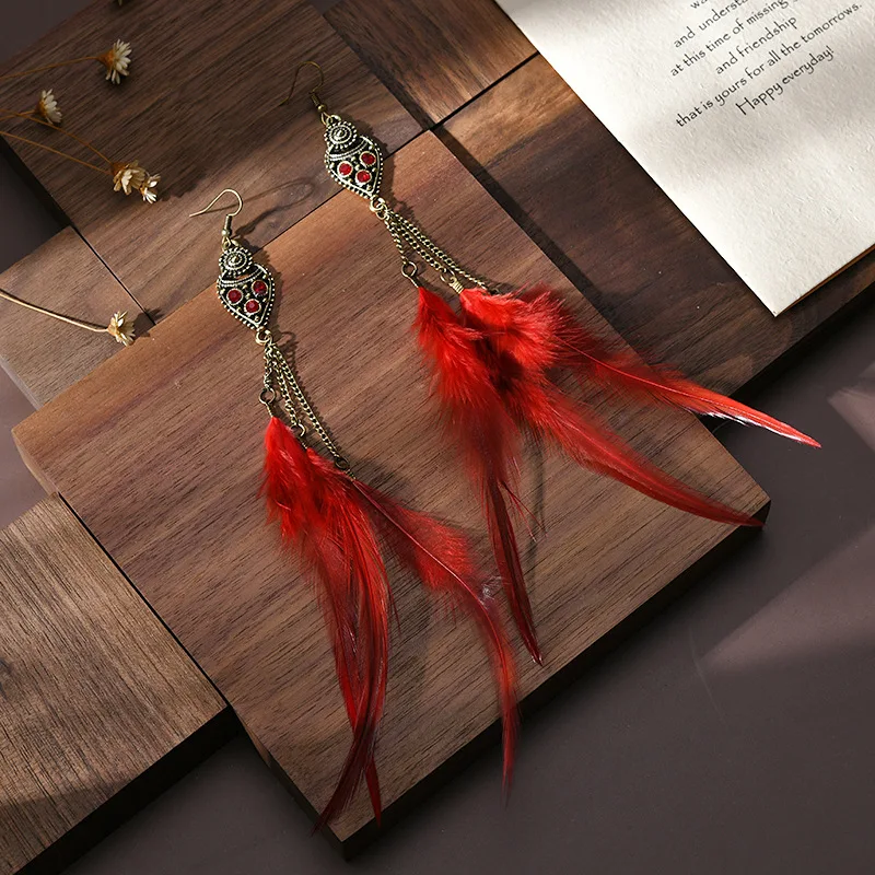 Boho Long Retro Feather Exaggerated Earrings Women Thailand Indian Drop-shaped Rhinestone Chain Tassel Earrings Wedding Jewelry