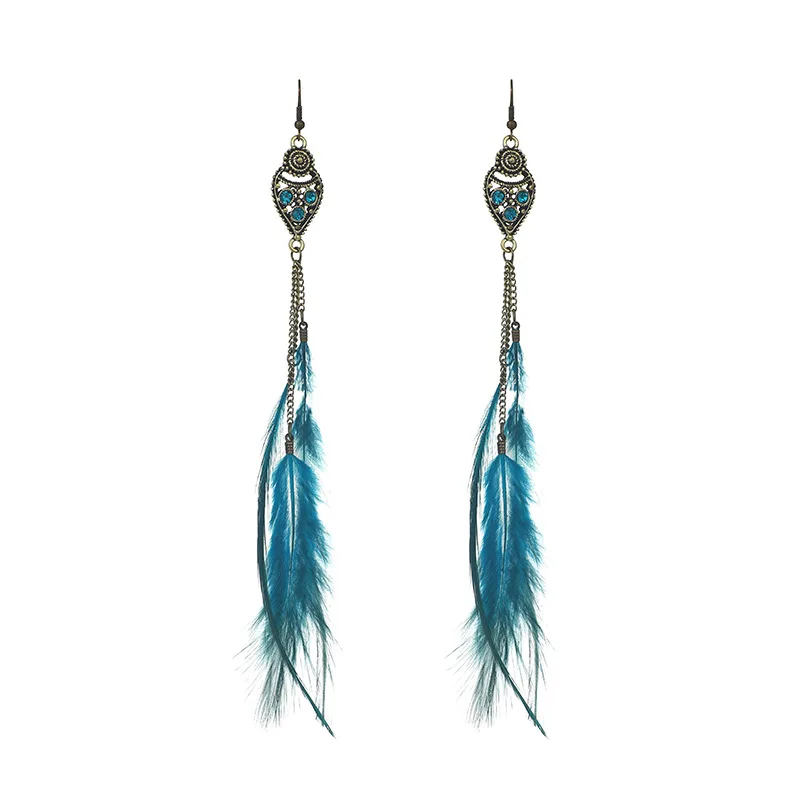 Boho Long Retro Feather Exaggerated Earrings Women Thailand Indian Drop-shaped Rhinestone Chain Tassel Earrings Wedding Jewelry