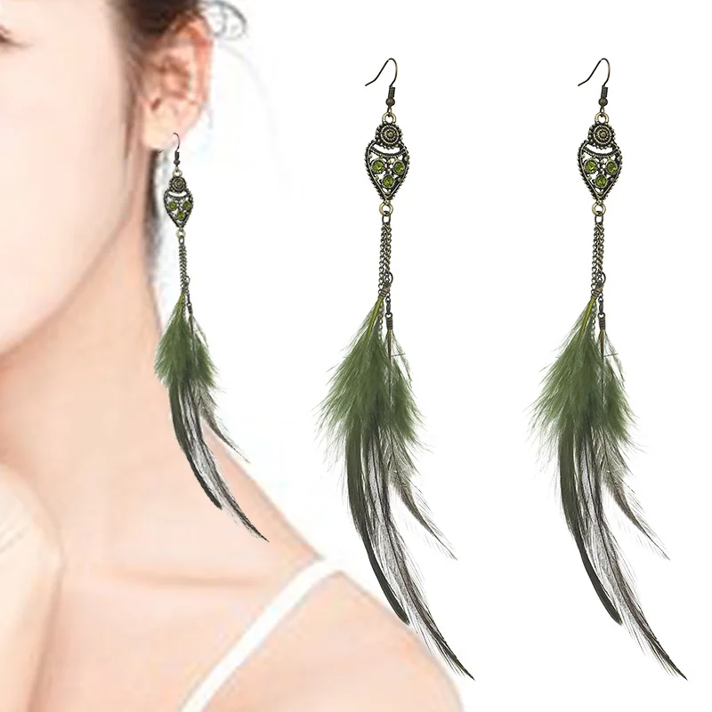 Boho Long Retro Feather Exaggerated Earrings Women Thailand Indian Drop-shaped Rhinestone Chain Tassel Earrings Wedding Jewelry