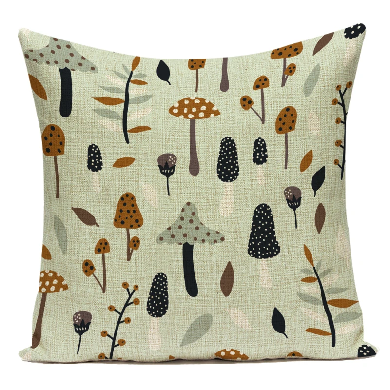 Cartoon Mushroom Pillow Cover Jungle Leaves Decorative Peach Skin Sofa Seat Throw Pillow Case Cushion Cover 45x45cm Cojines