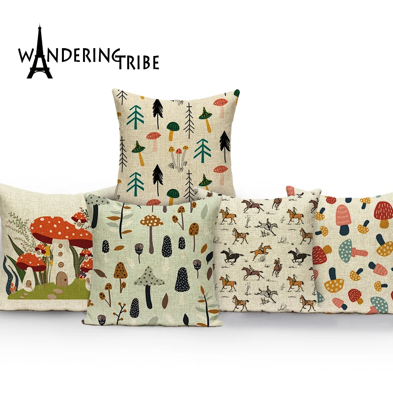 Cartoon Mushroom Pillow Cover Jungle Leaves Decorative Peach Skin Sofa Seat Throw Pillow Case Cushion Cover 45x45cm Cojines