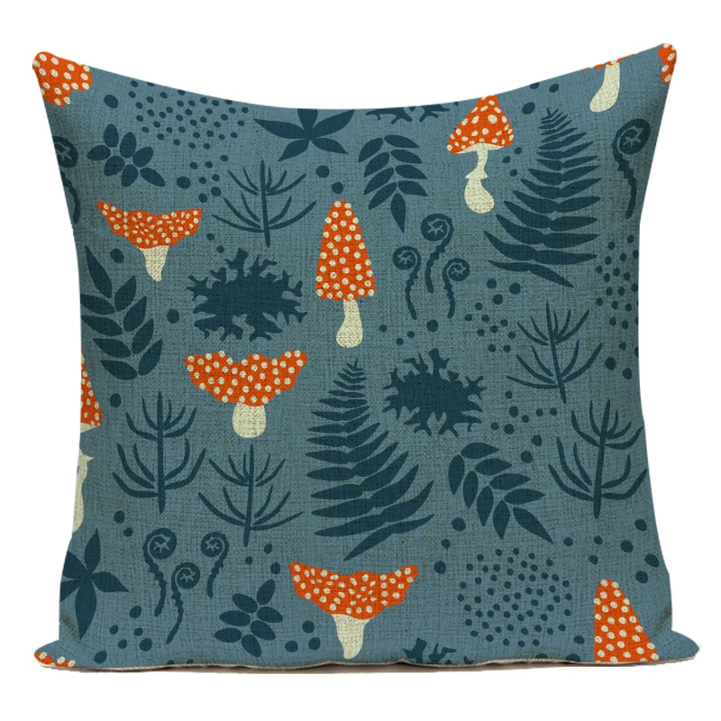 Cartoon Mushroom Pillow Cover Jungle Leaves Decorative Peach Skin Sofa Seat Throw Pillow Case Cushion Cover 45x45cm Cojines