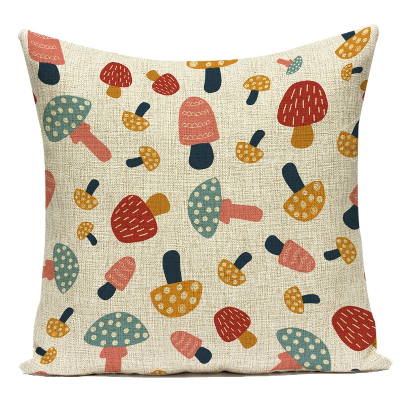 Cartoon Mushroom Pillow Cover Jungle Leaves Decorative Peach Skin Sofa Seat Throw Pillow Case Cushion Cover 45x45cm Cojines