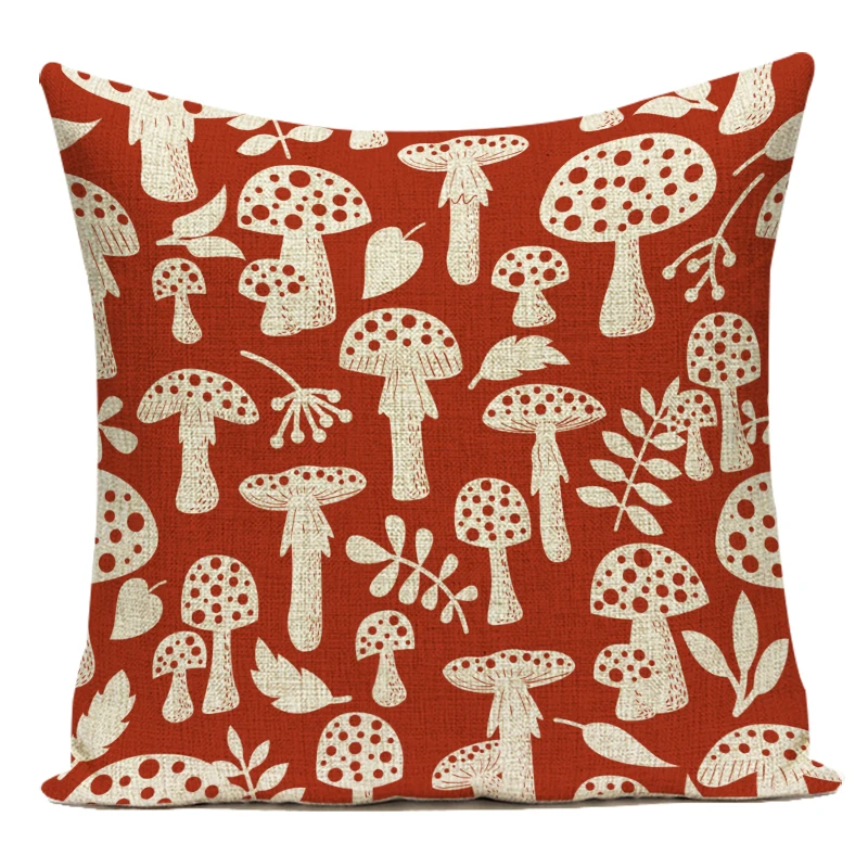 Cartoon Mushroom Pillow Cover Jungle Leaves Decorative Peach Skin Sofa Seat Throw Pillow Case Cushion Cover 45x45cm Cojines